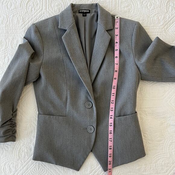 Express Factory 2 Button Blazer Jacket Ruched Sleeves 3/4 Gray Size 0 - Picture 11 of 12